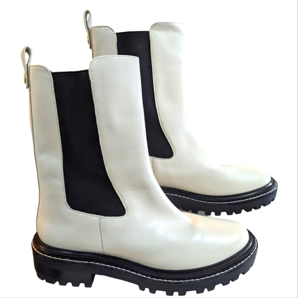 TORY BURCH BENTON Chelsea Ivory Vachetta Calf Black Lug Sole Boots...Size 11